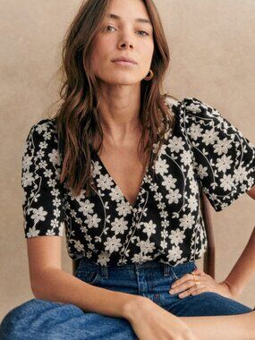 Sezane Emma Blouse in Ecru Embroidery/ Black